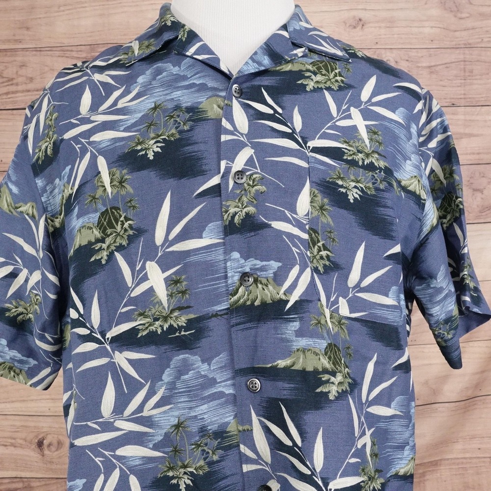 G.H. Bass & Co. Shirt Mens M Blue Hawaiian Short Sleeve Button-Up Linen‎ Rayon